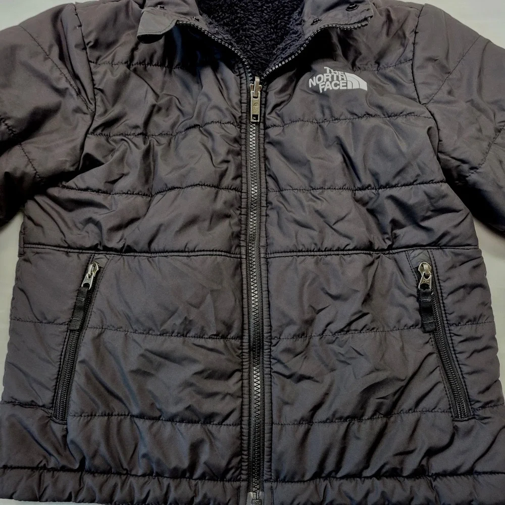 The North Face Reversible Fleece Puffer Jacket Kids Youth Sz L Black Logo Winter
